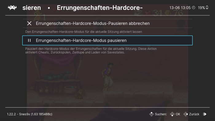 Der Hardcore-Modus von RetroArch kann jederzeit pausiert werden. Anschließend können weiterhin Errungenschaften gesammelt werden, allerdings nur im Standardmodus. Komfortfunktionen wie Zurückspulen, Speichern, Cheats usw. sind dann vollumfänglich erlaubt.  (Bild: Nintendo / Screenshot: Medienagentur Plassma)